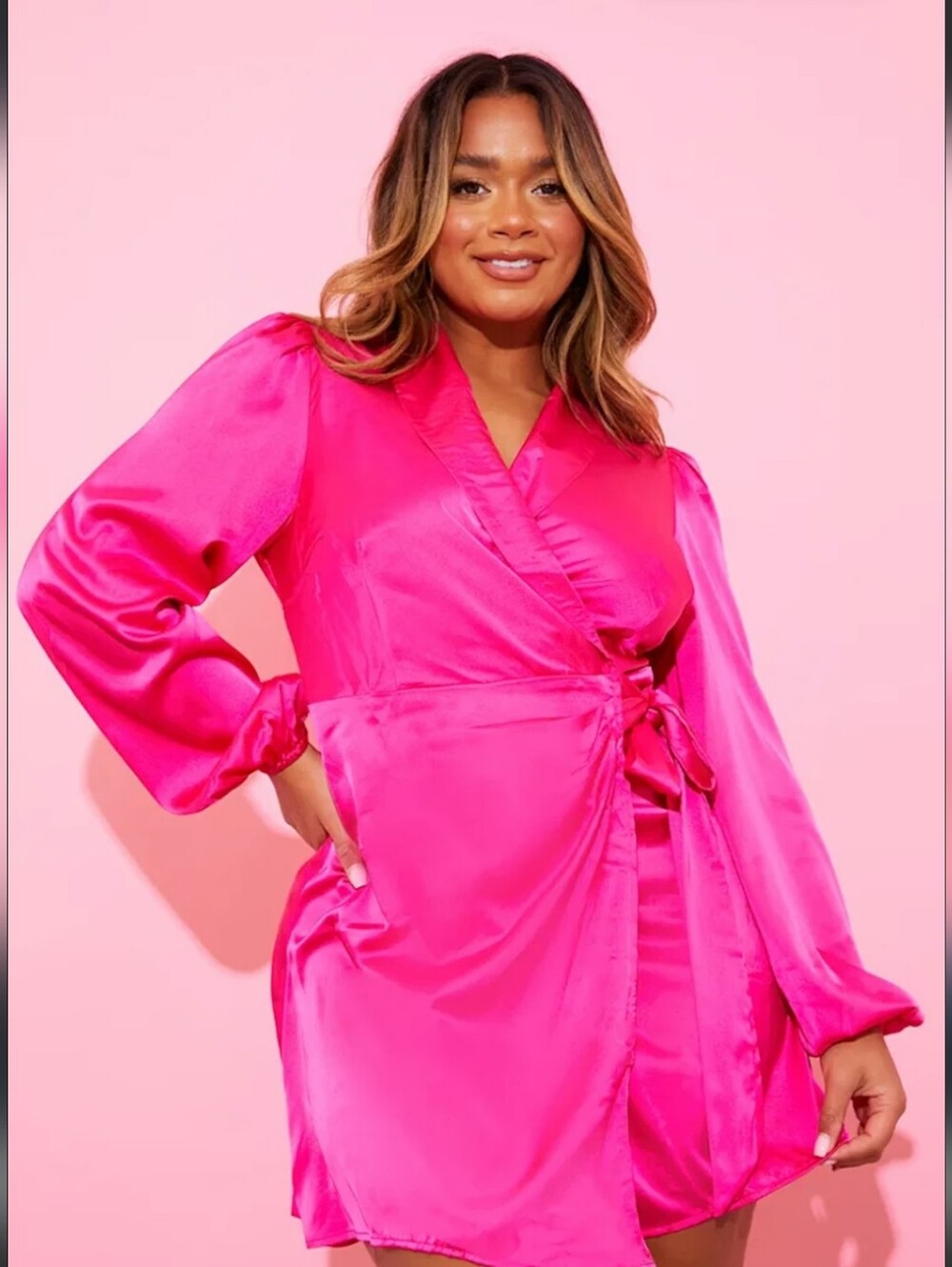 Long Sleeve Satin Pink Wrap Cocktail Dress Size 8